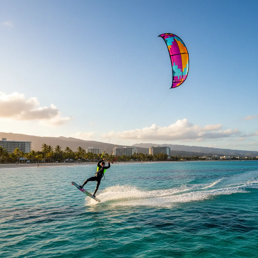 Kitesurfing action at Anse Vata beach Noumea