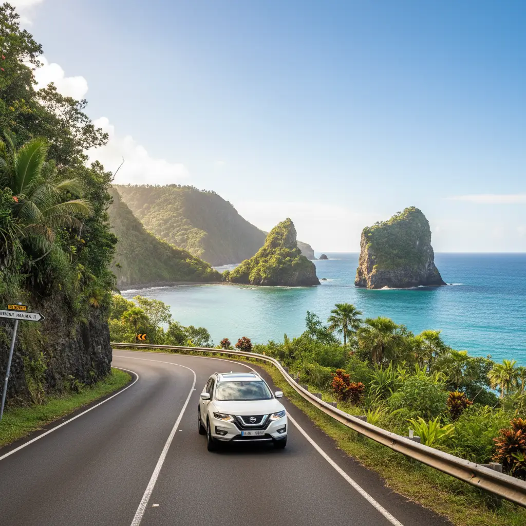 Driving the coastal road near Hienghene with the Sphinx rock in view