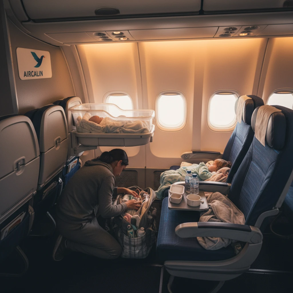 Aircalin bulkhead seating with bassinet for families flying to New Caledonia