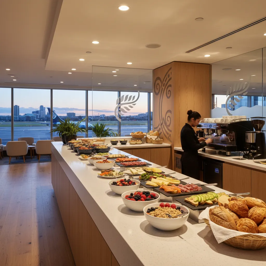 Buffet and dining area at Air New Zealand Koru Lounge Auckland
