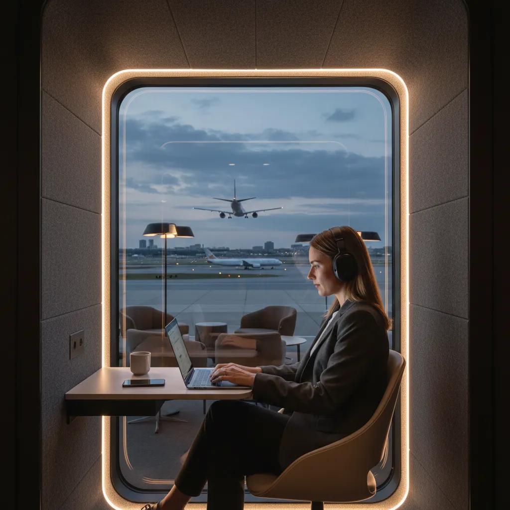 Business center and work pods at Auckland Airport Lounge
