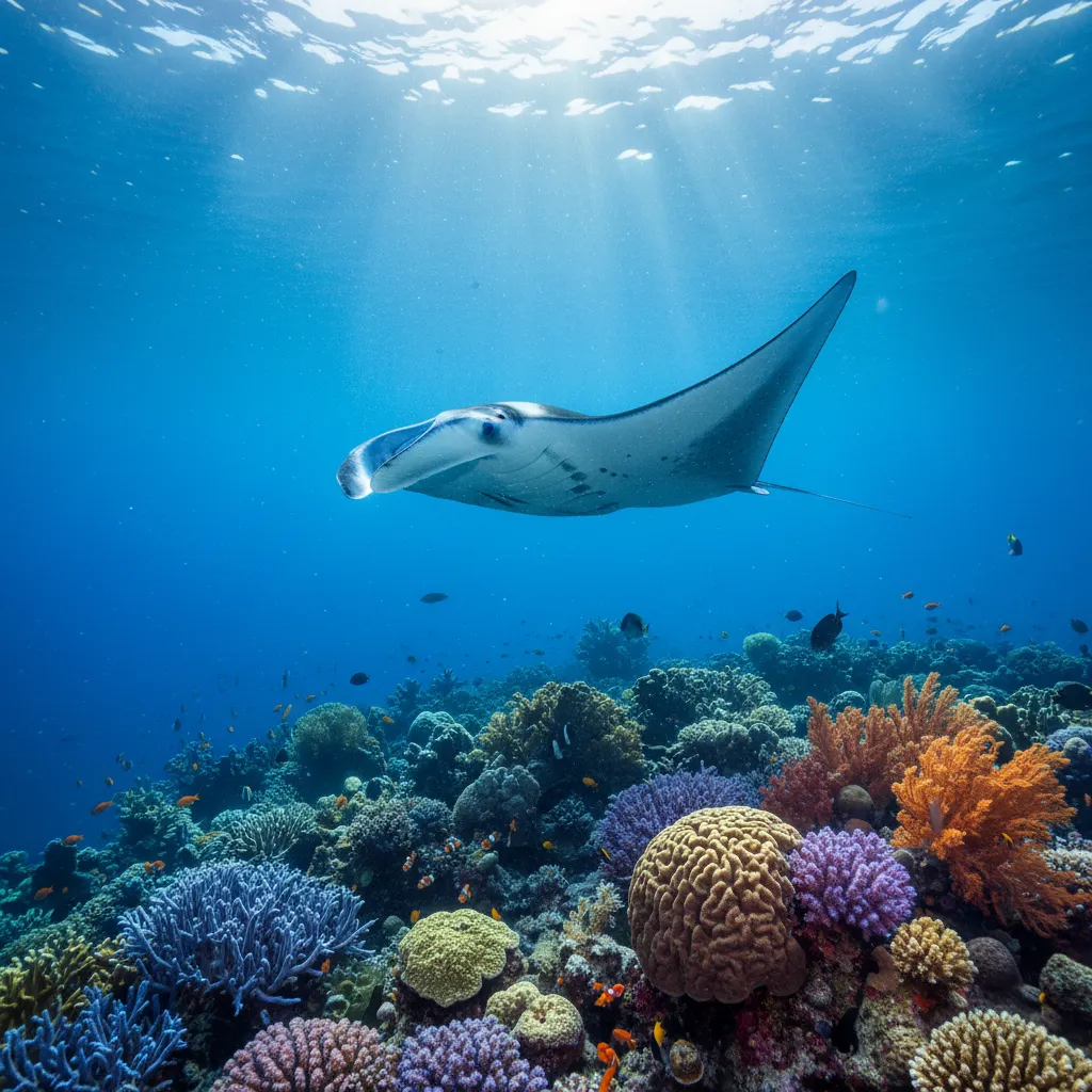 A giant manta ray at a cleaning station in Boulari Pass New Caledonia