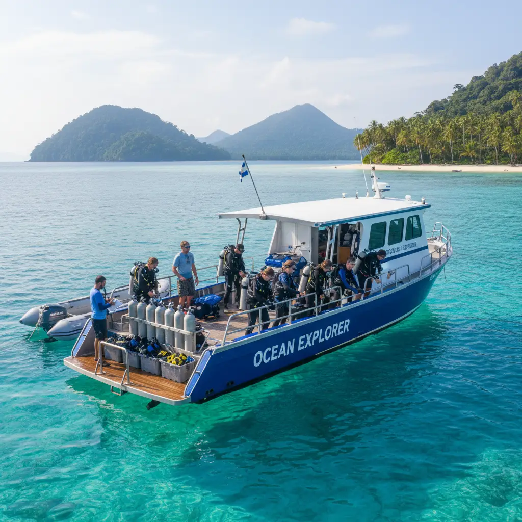 A professional dive boat preparing for a trip in the New Caledonian lagoon
