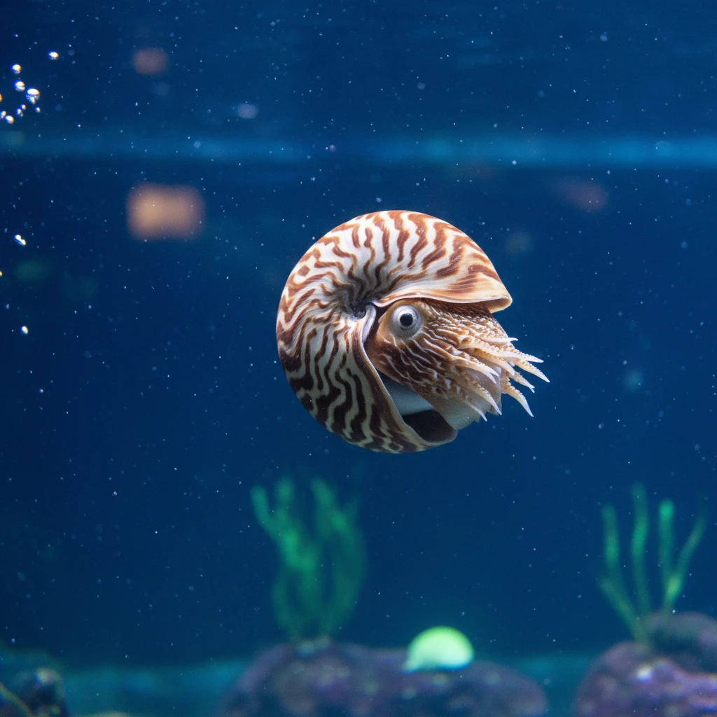 Chambered Nautilus swimming in a deep sea exhibit at the Aquarium des Lagons