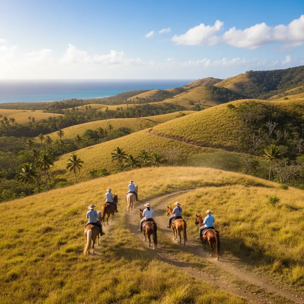 Horse riding group trekking through the golden savannah of Bourail