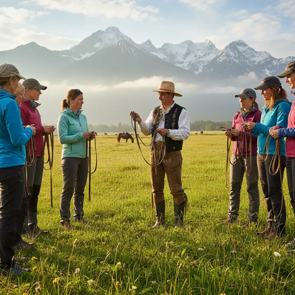 Professional horse riding guide instructing tourists in Bourail