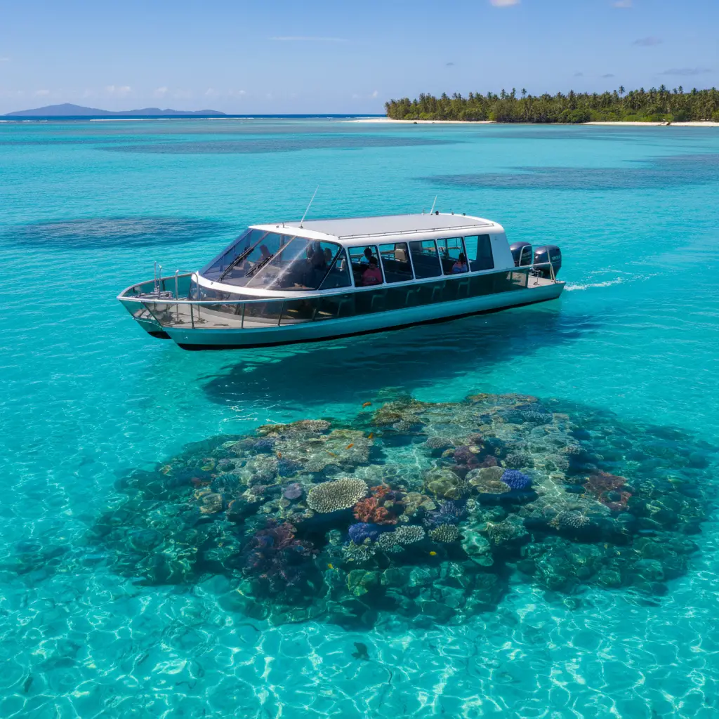 Glass bottom boat touring New Caledonia's clear blue lagoon