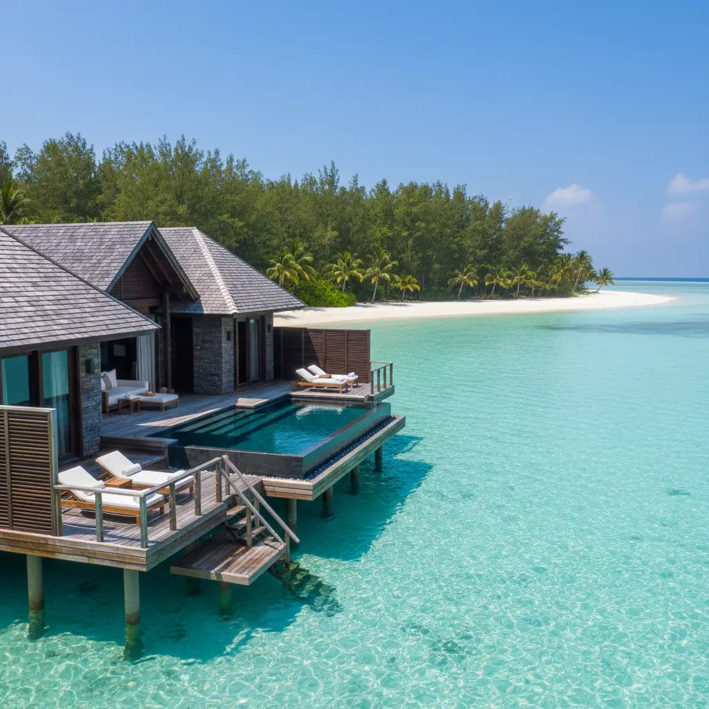 Luxury overwater bungalows in New Caledonia lagoon