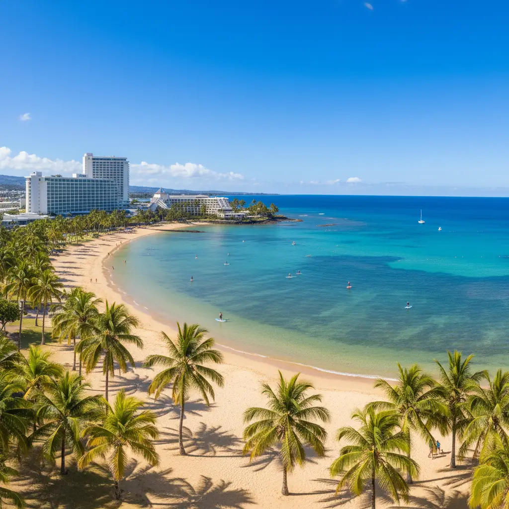 Panoramic view of Anse Vata beach and New Caledonia city hotels
