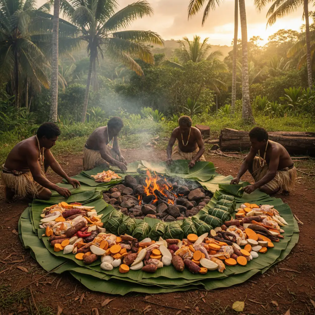 Traditional Kanak Bougna meal preparation in New Caledonia