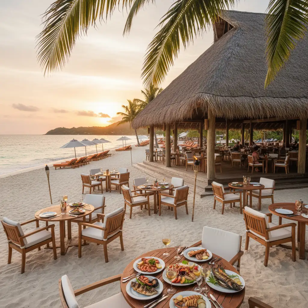 Le Filao restaurant and sun loungers on Duck Island