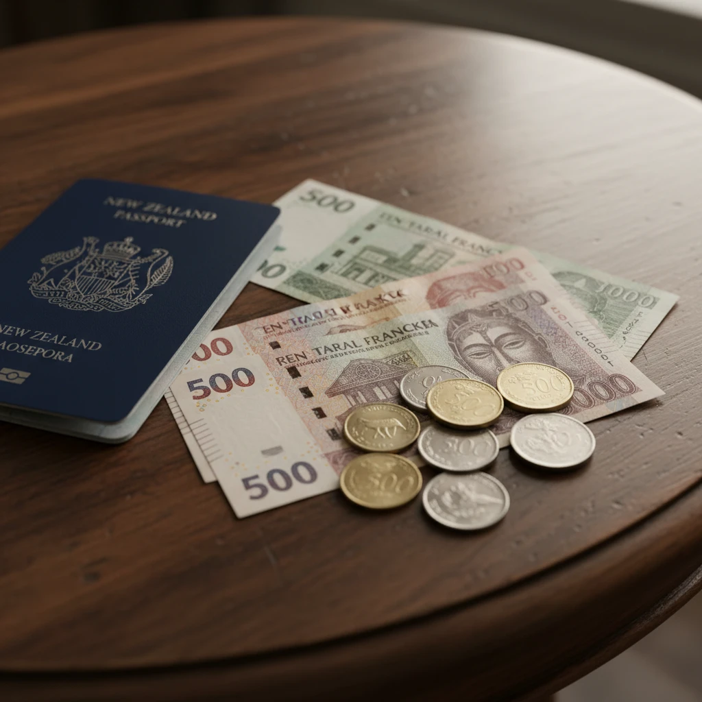 CFP Franc banknotes and coins next to NZ passport