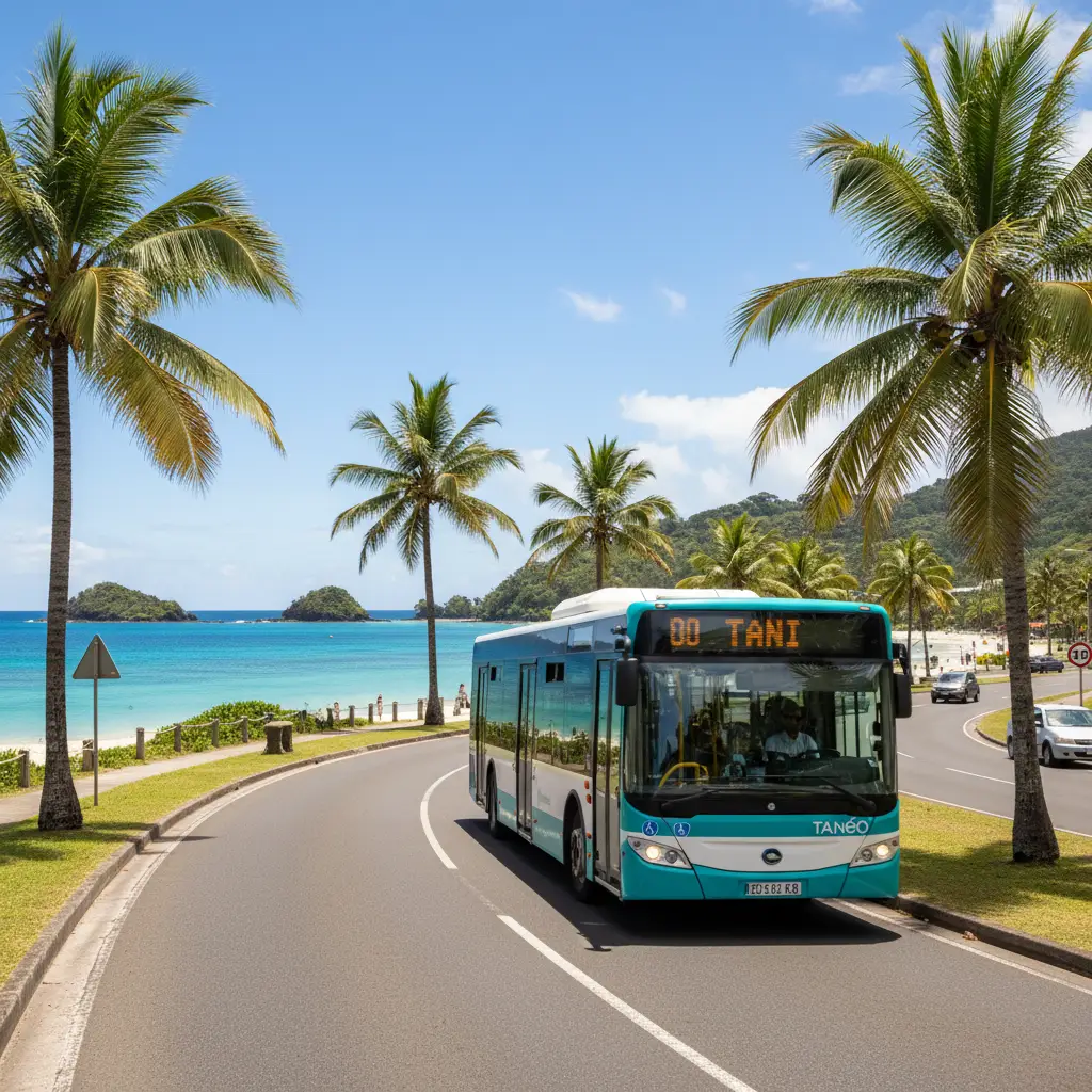 Modern Tanéo bus on Nouméa coastal road