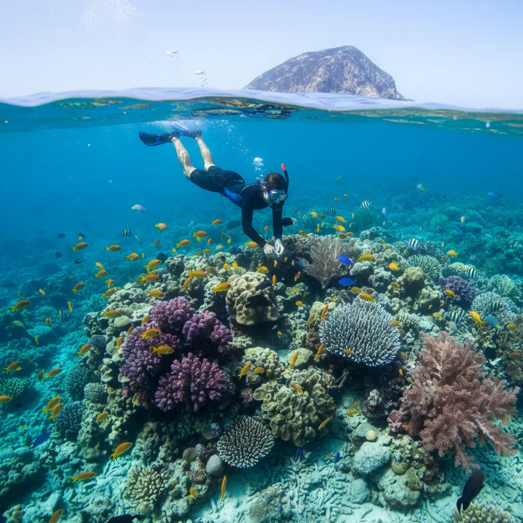Snorkeling adventure in the clear waters of Poe Beach