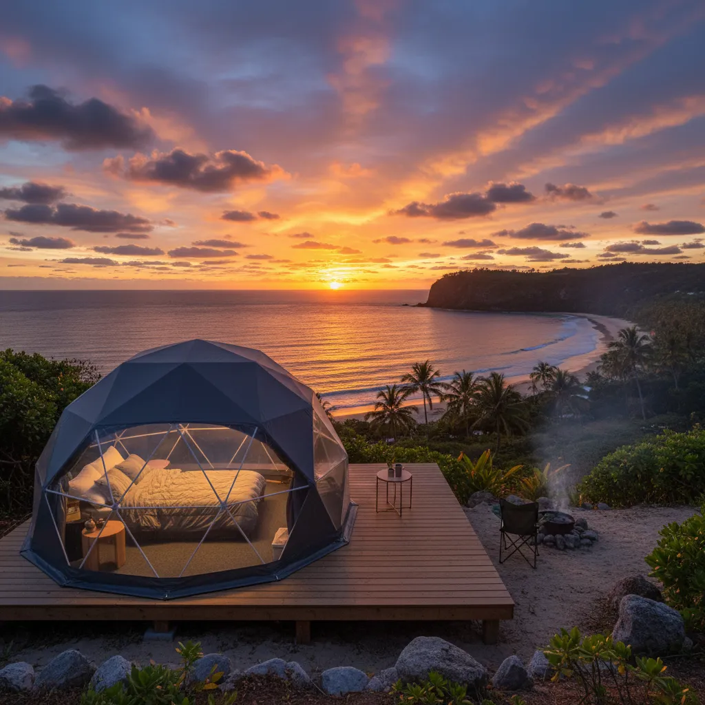 Beachfront camping setup at Poe Beach, New Caledonia