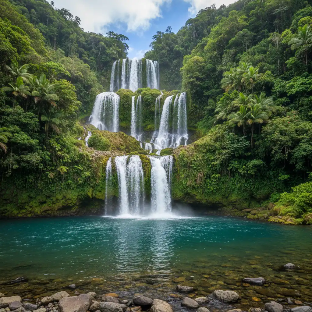 The multi-tiered Tao Waterfall cascading down the slopes of Mount Panie