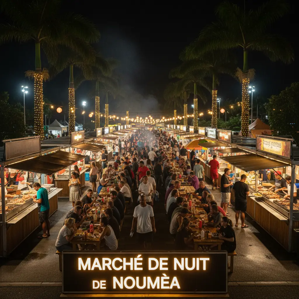 Bustling night market food stalls in Nouméa