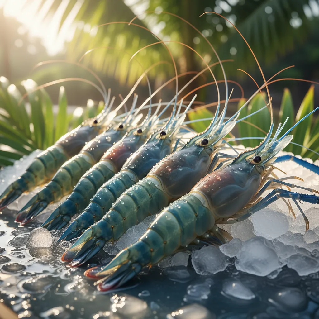 Fresh New Caledonian Blue Prawns on ice