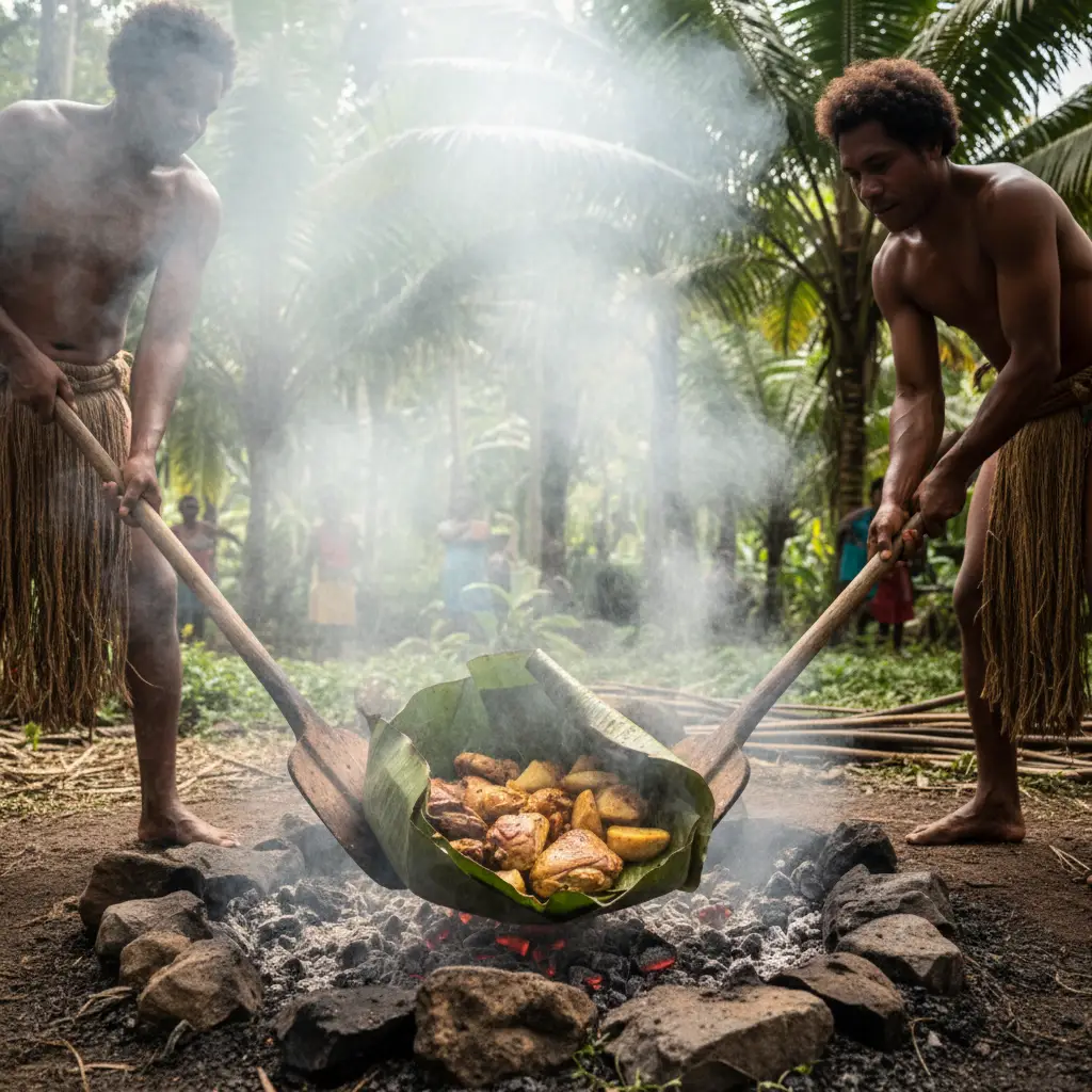 Traditional Kanak Bougna being prepared in an earth oven