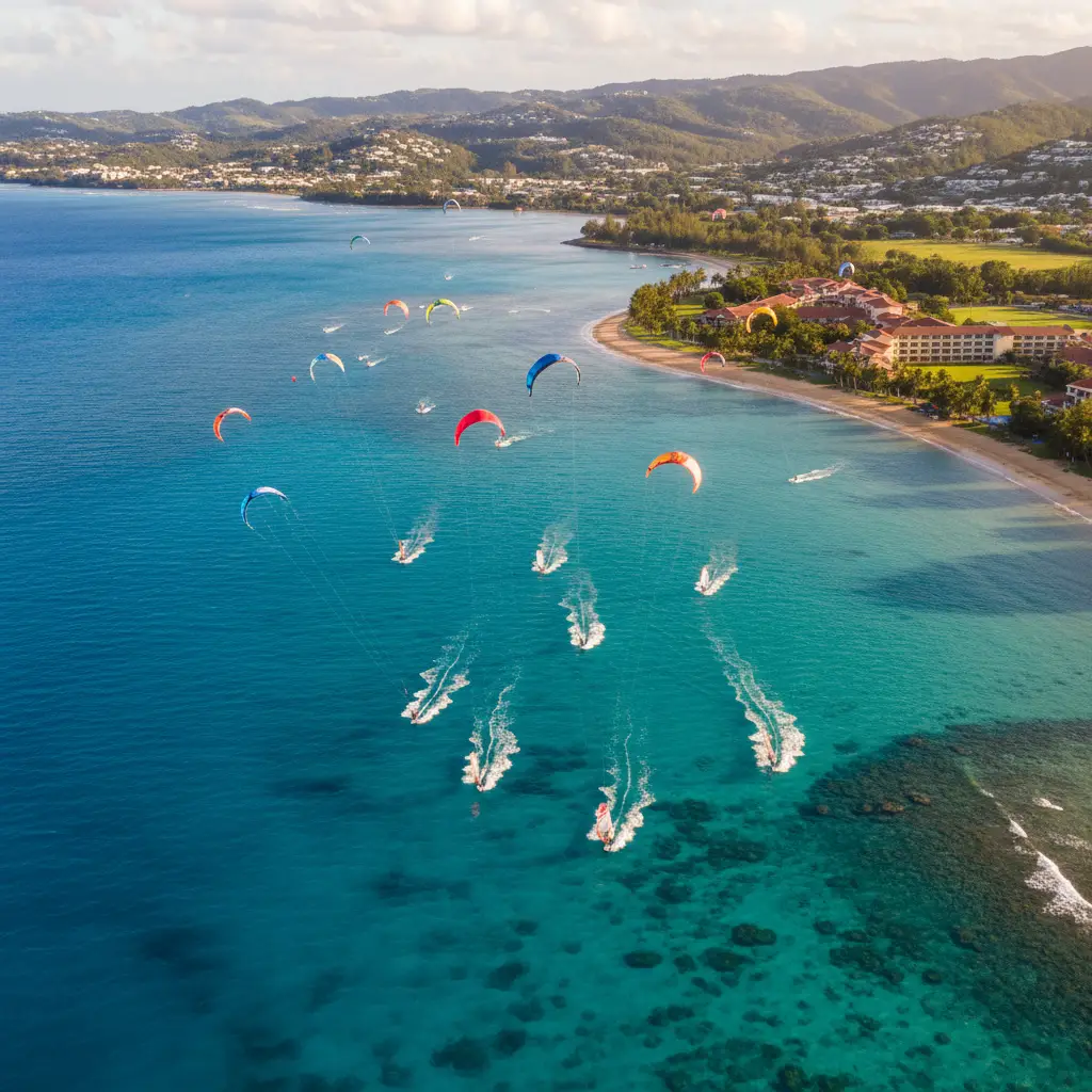 Aerial view of Anse Vata Bay kitesurfing and windsurfing activity