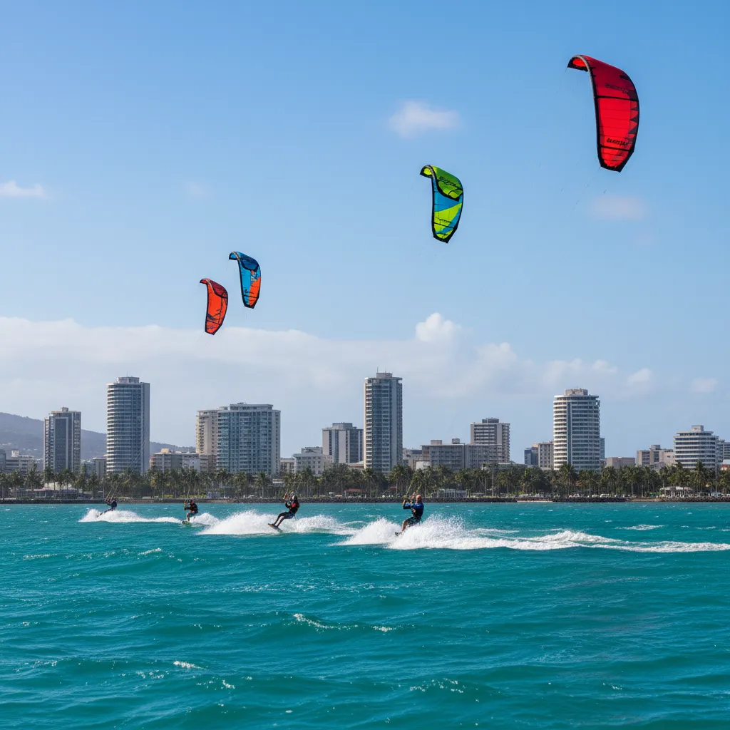 Kitesurfers enjoying the trade winds in Noumea lagoon