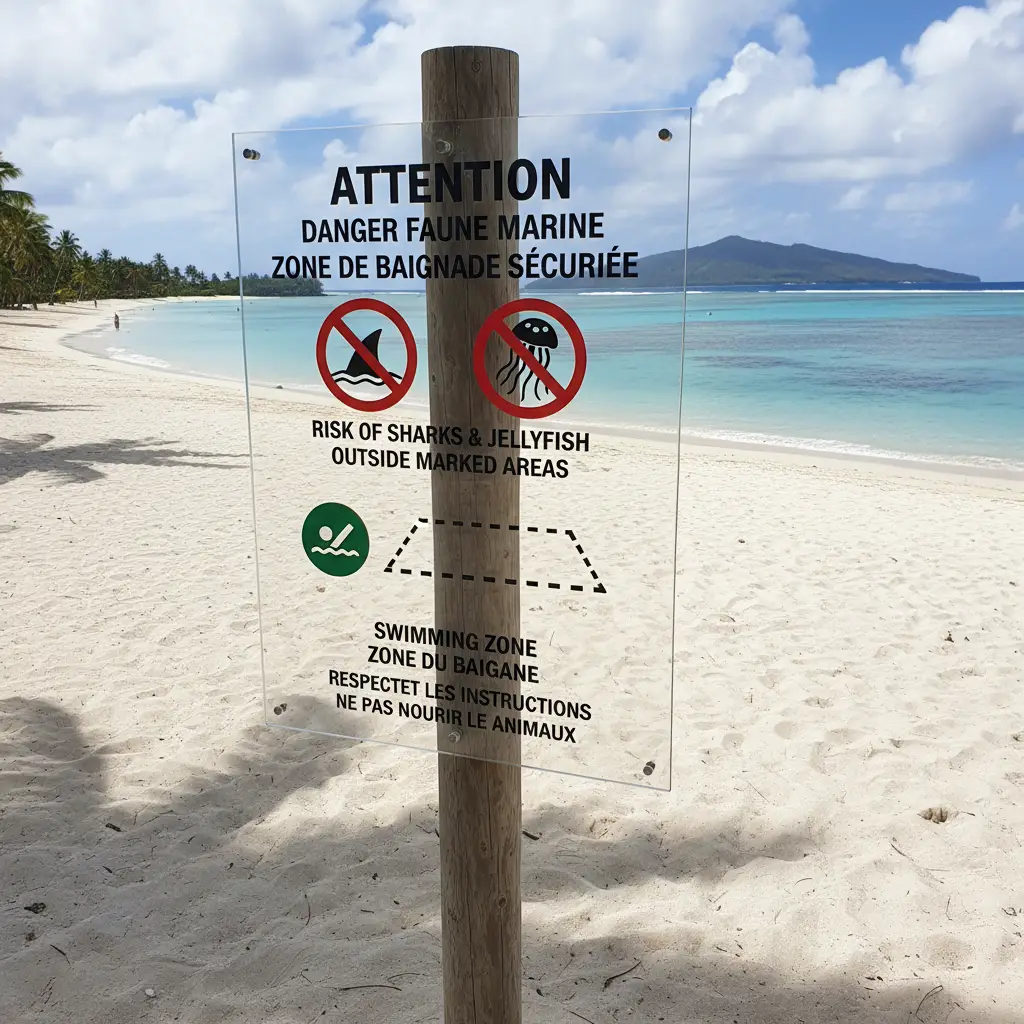 Safety warning sign for sharks on a Nouméa beach