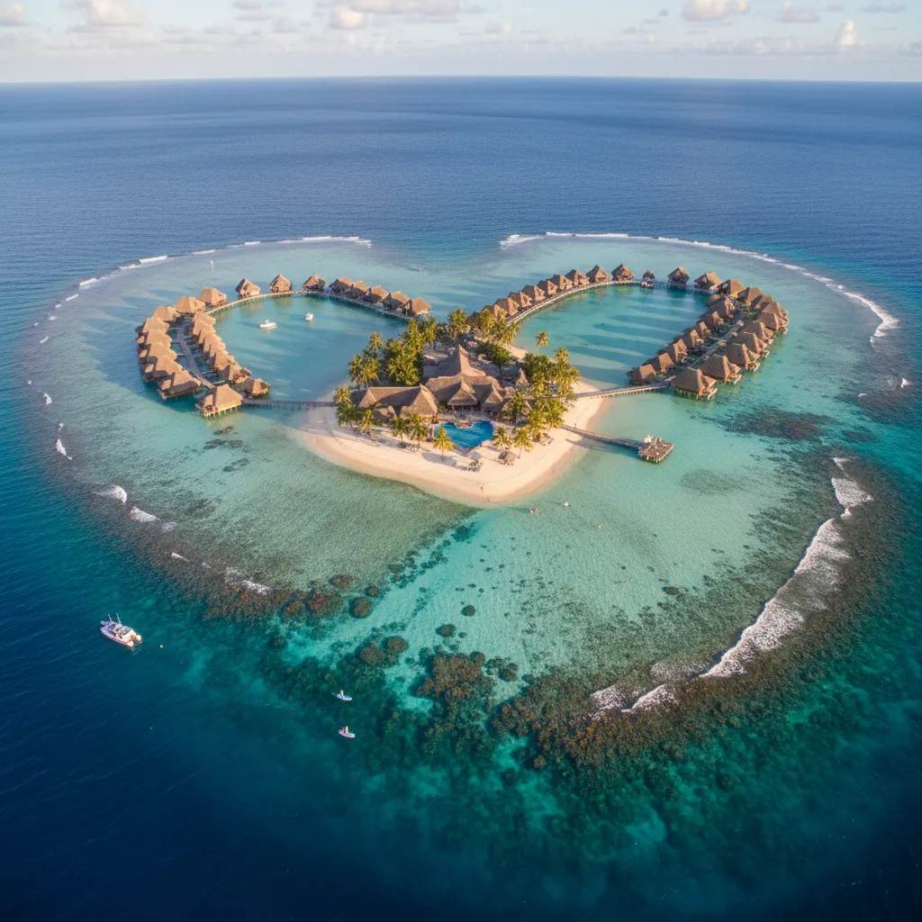 Aerial view of Ilot Maitre resort and lagoon