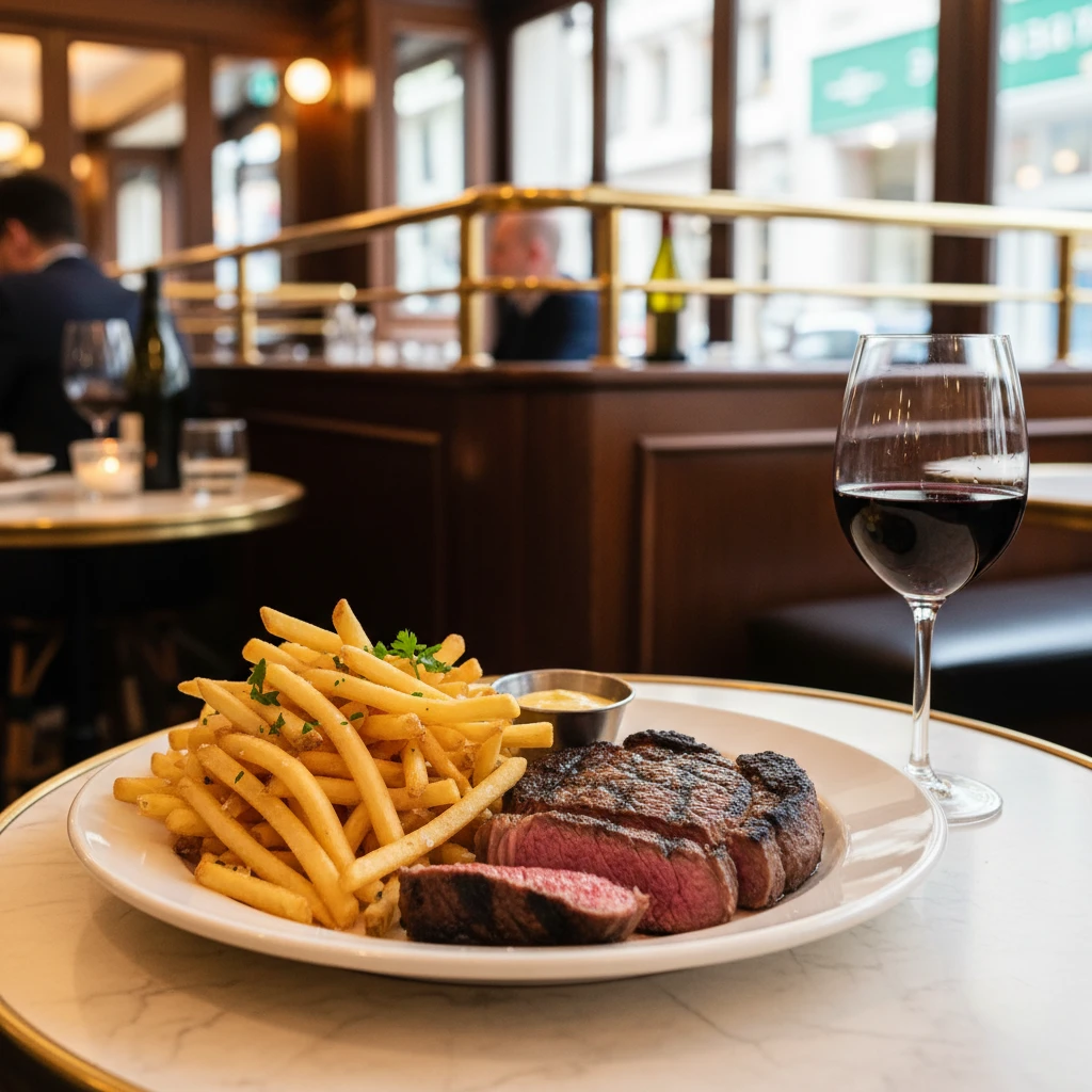 Steak frites and red wine at Chez Toto