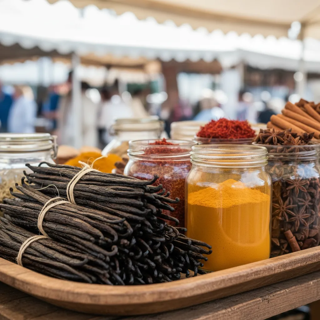 Authentic Lifou vanilla beans and local spices at Noumea Market