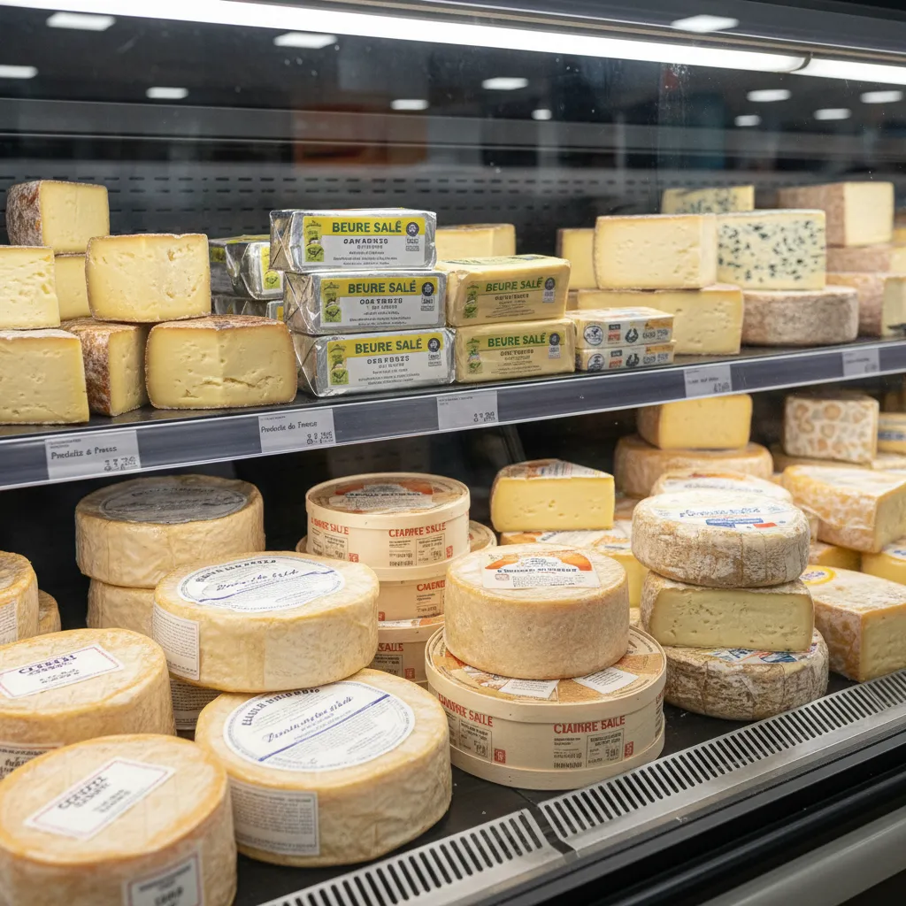 Refrigerated section of a Noumea supermarket with French cheese and butter