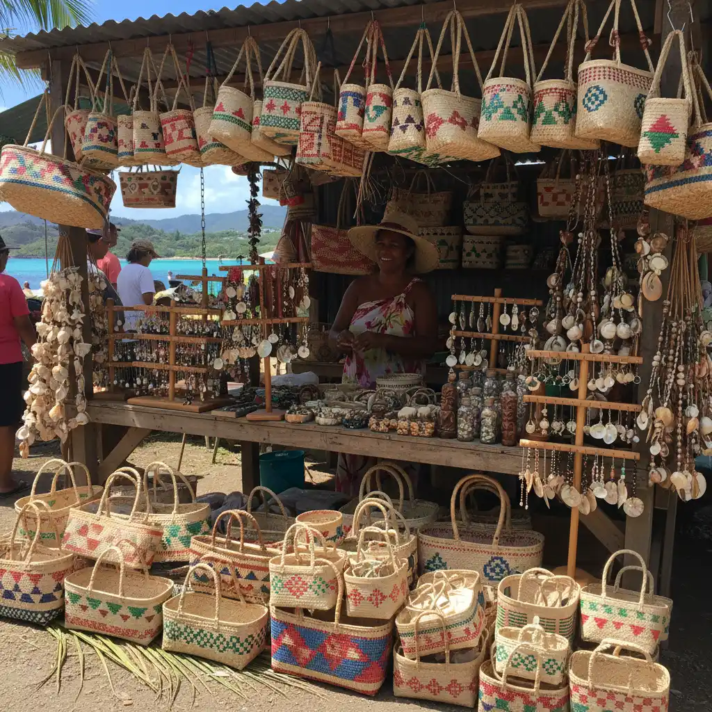 Vibrant outdoor market stall selling local crafts in Nouméa