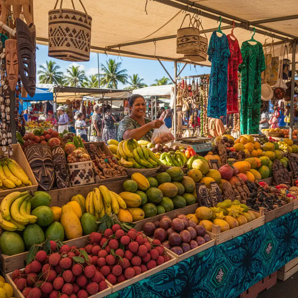 Local market stall in Noumea with crafts and fruit