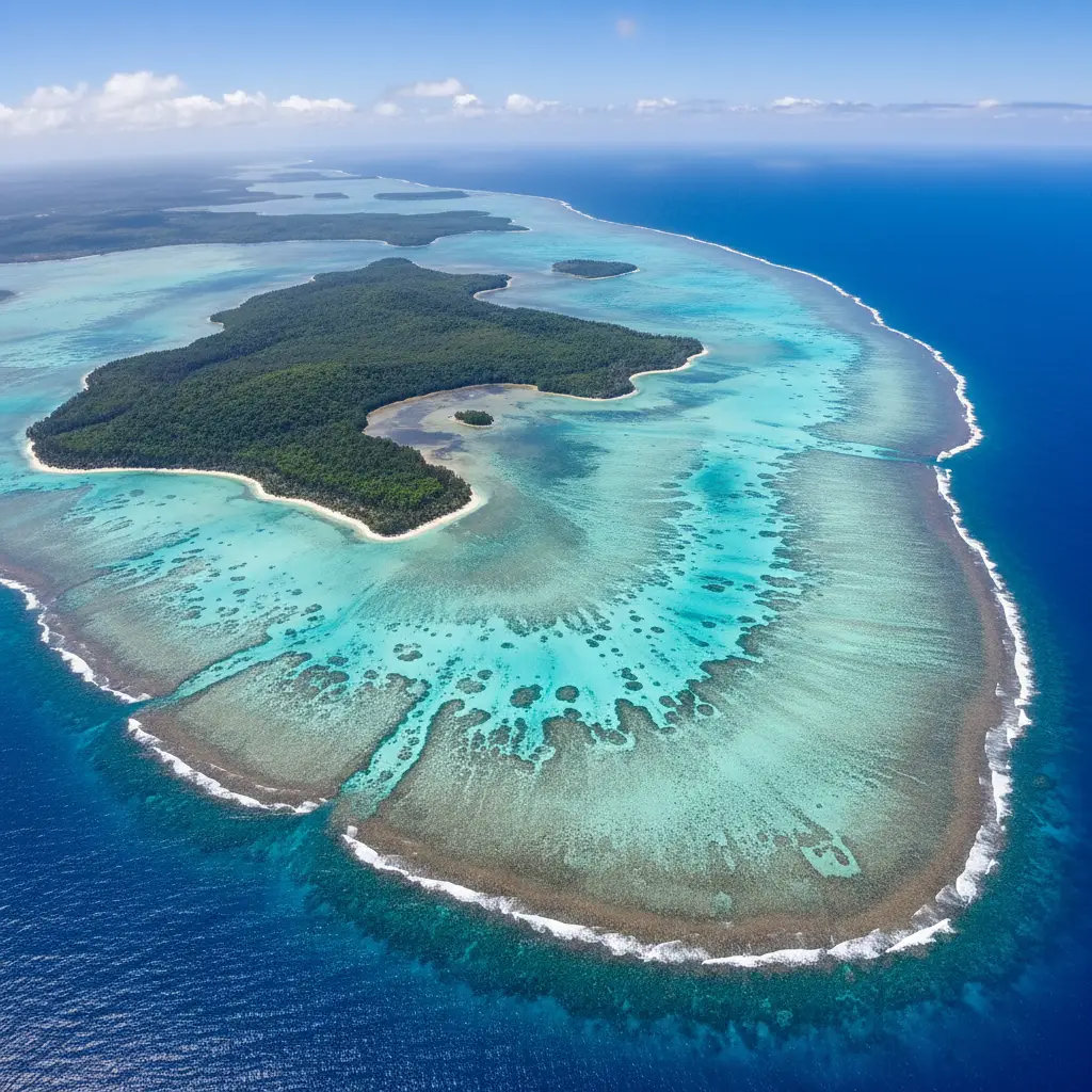Aerial map view of Loyalty Islands New Caledonia turquoise lagoons