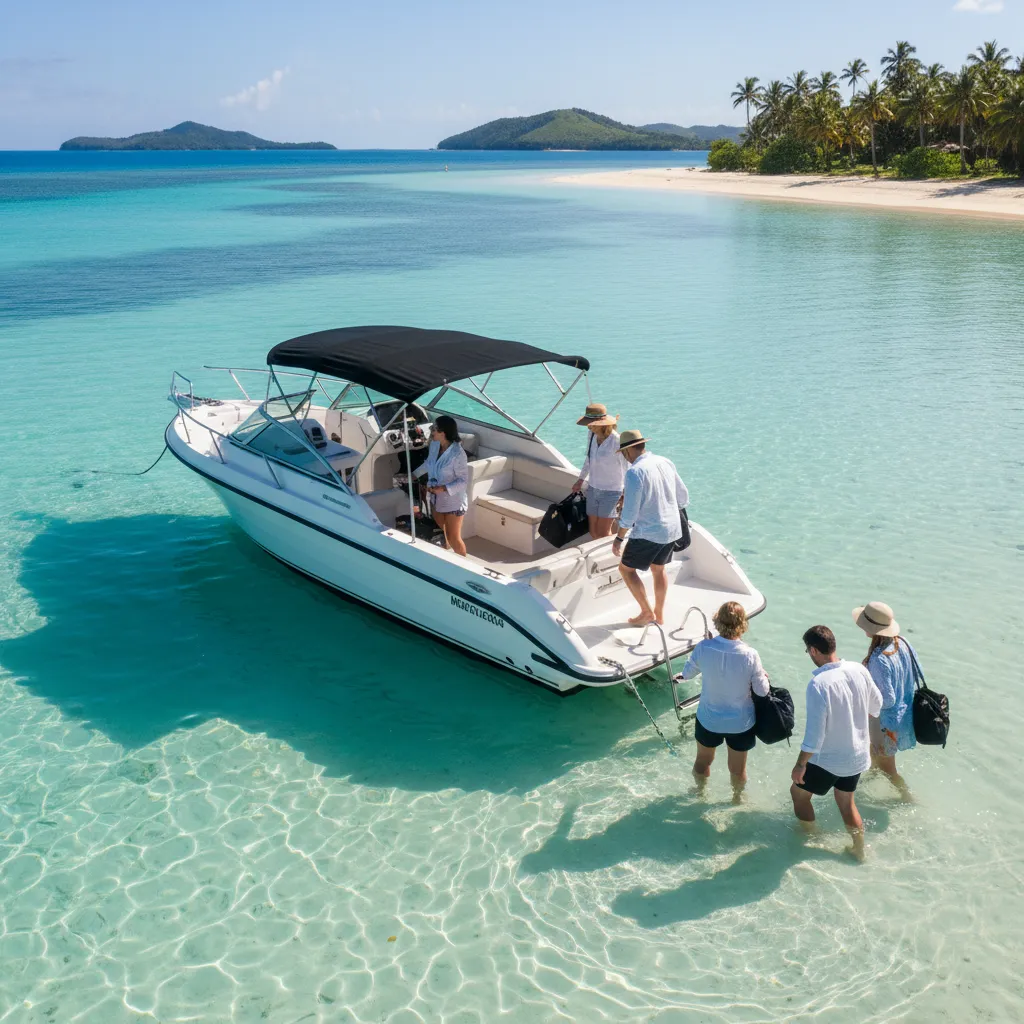 Tourists boarding a speedboat for the Nokanhui Atoll excursion