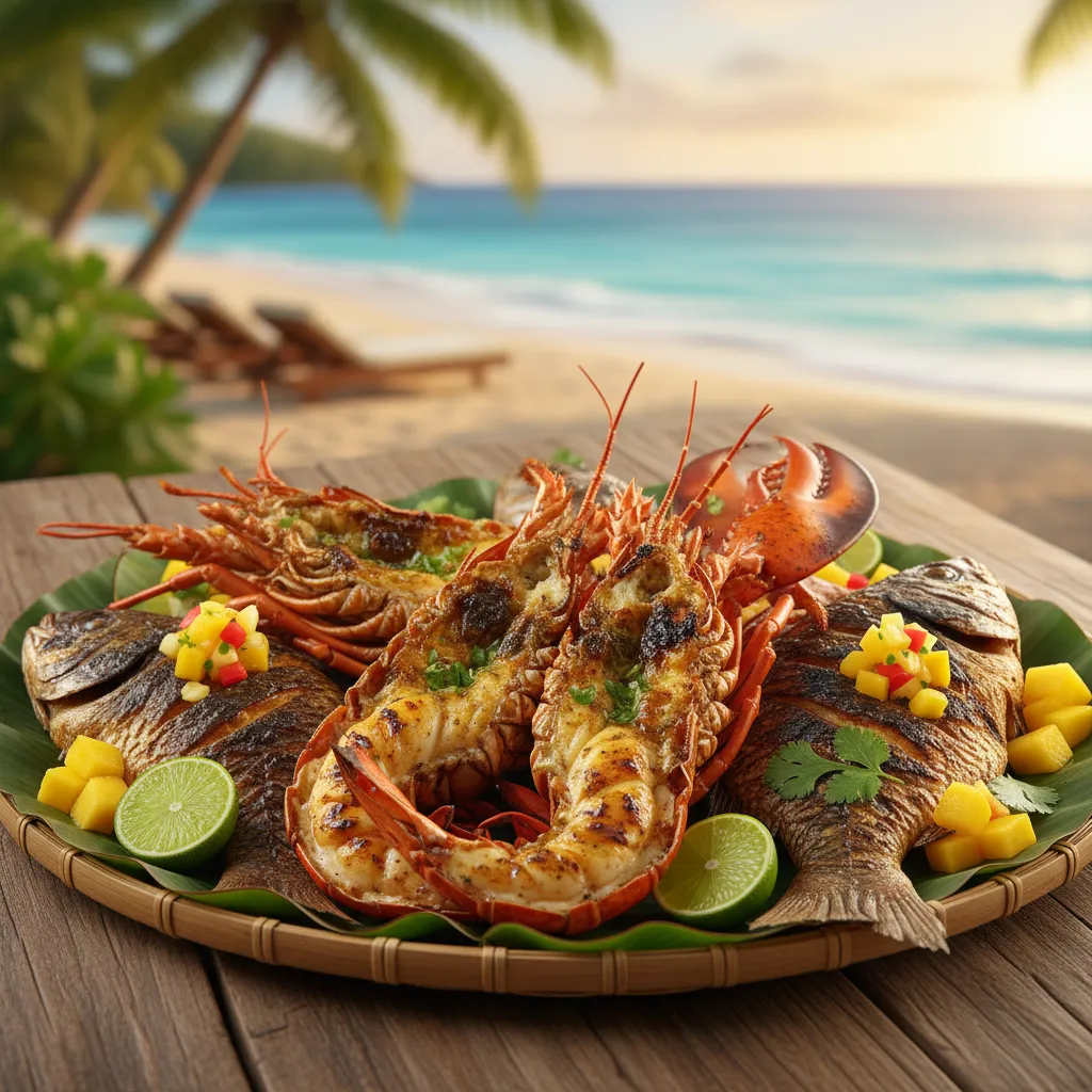 Fresh grilled lobster lunch served on a tropical islet near Nokanhui