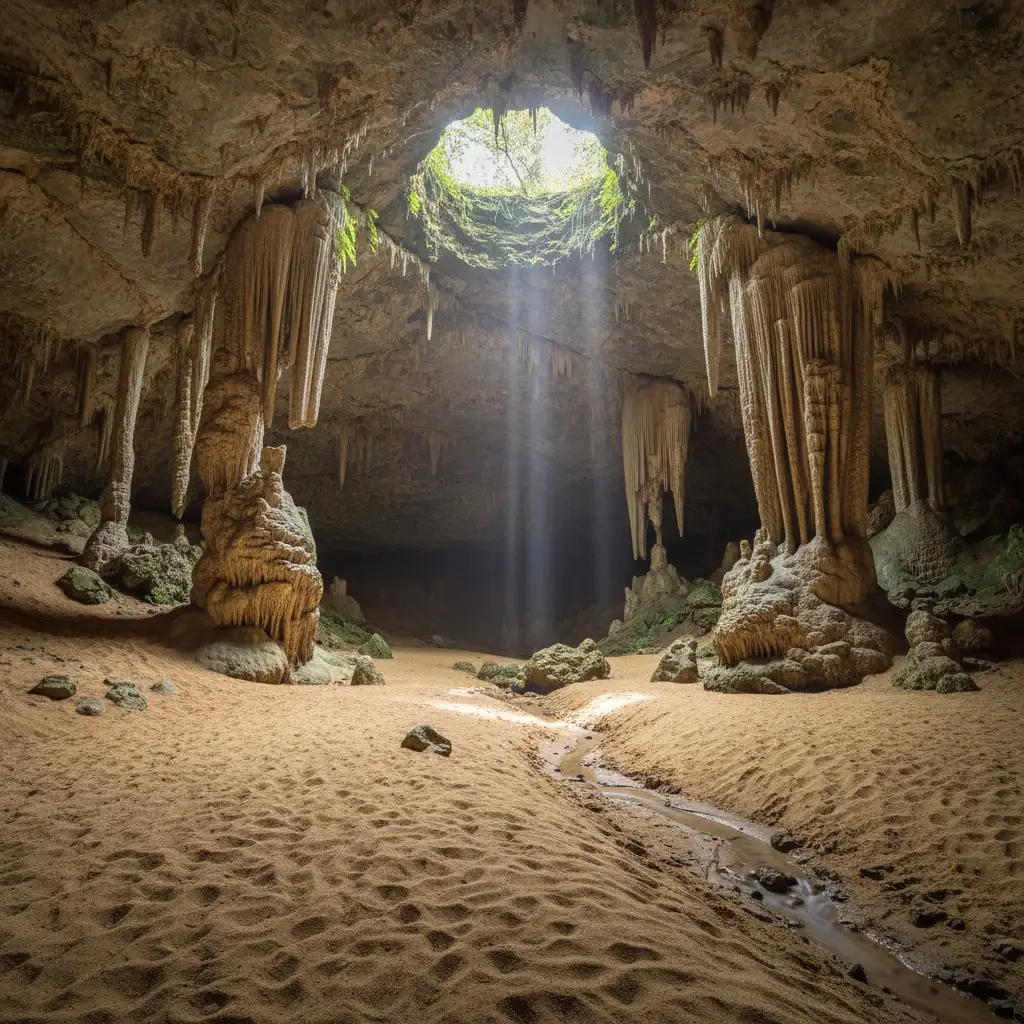 Interior of Queen Hortense Cave showing stalactites and natural light