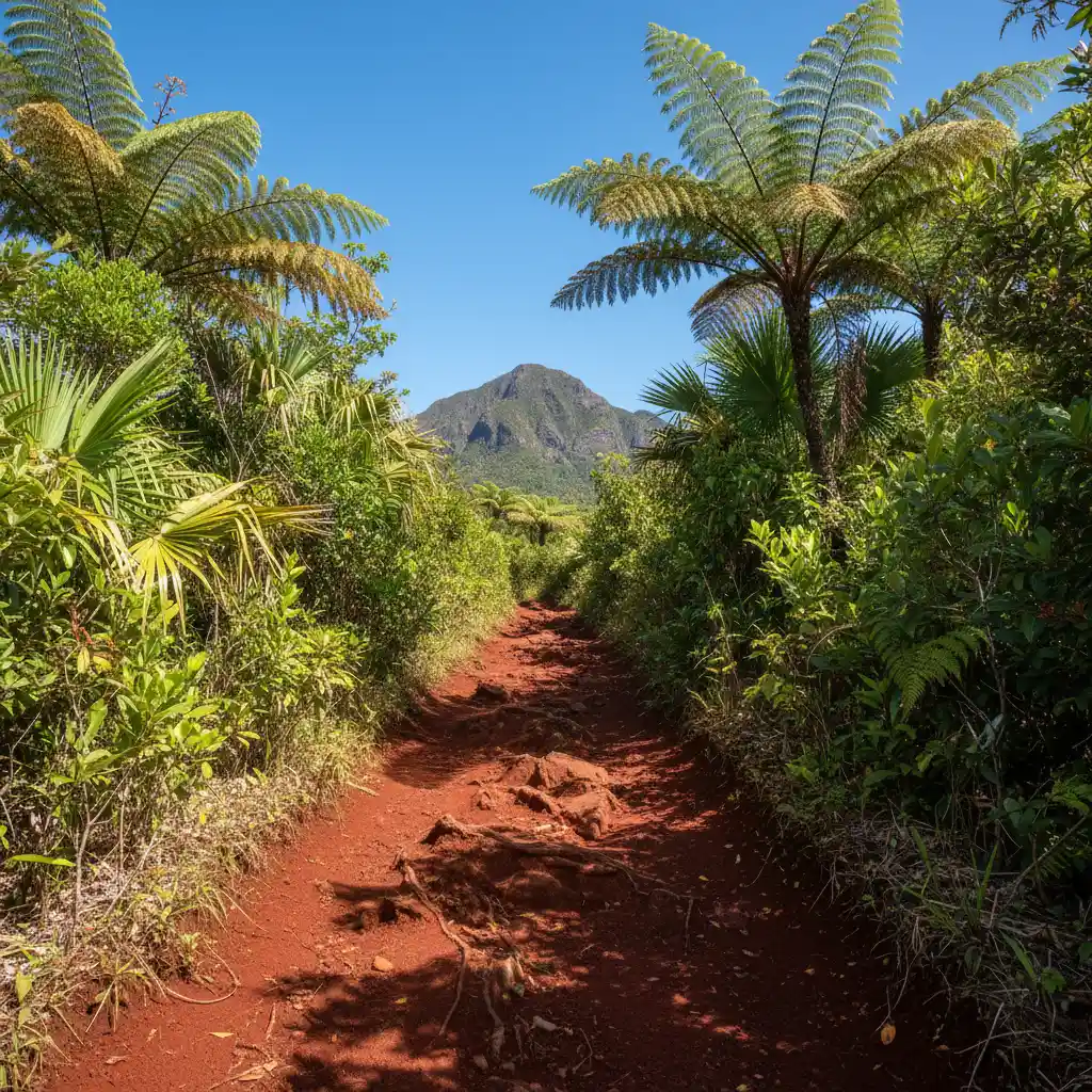 The red clay hiking trail leading up Pic N'Ga in New Caledonia