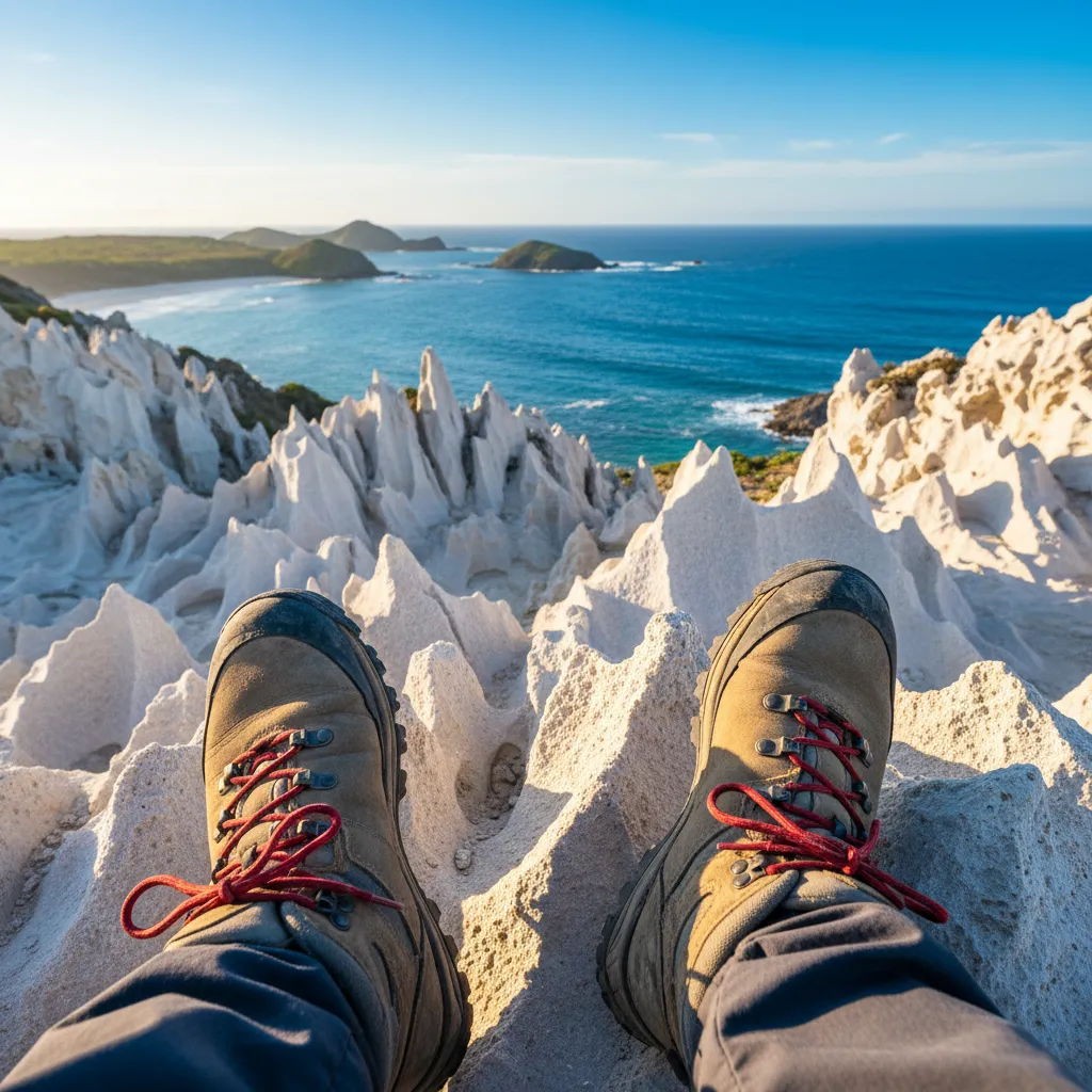 Close up of hiking boots on the sharp limestone terrain of Pic N'Ga