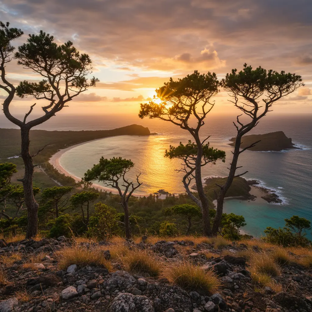 A stunning sunset view over the bays of Isle of Pines from Pic N'Ga summit