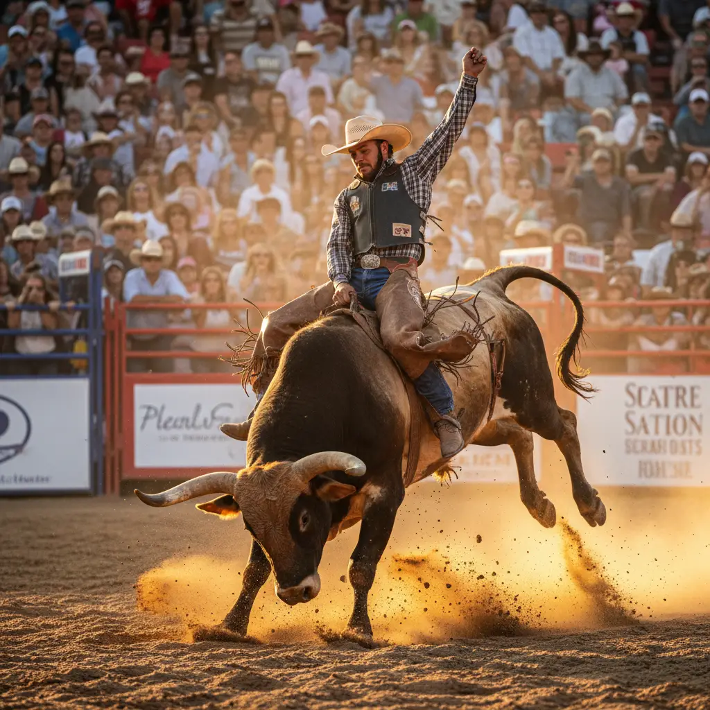 Professional bull rider competing at the Bourail Agricultural Fair rodeo