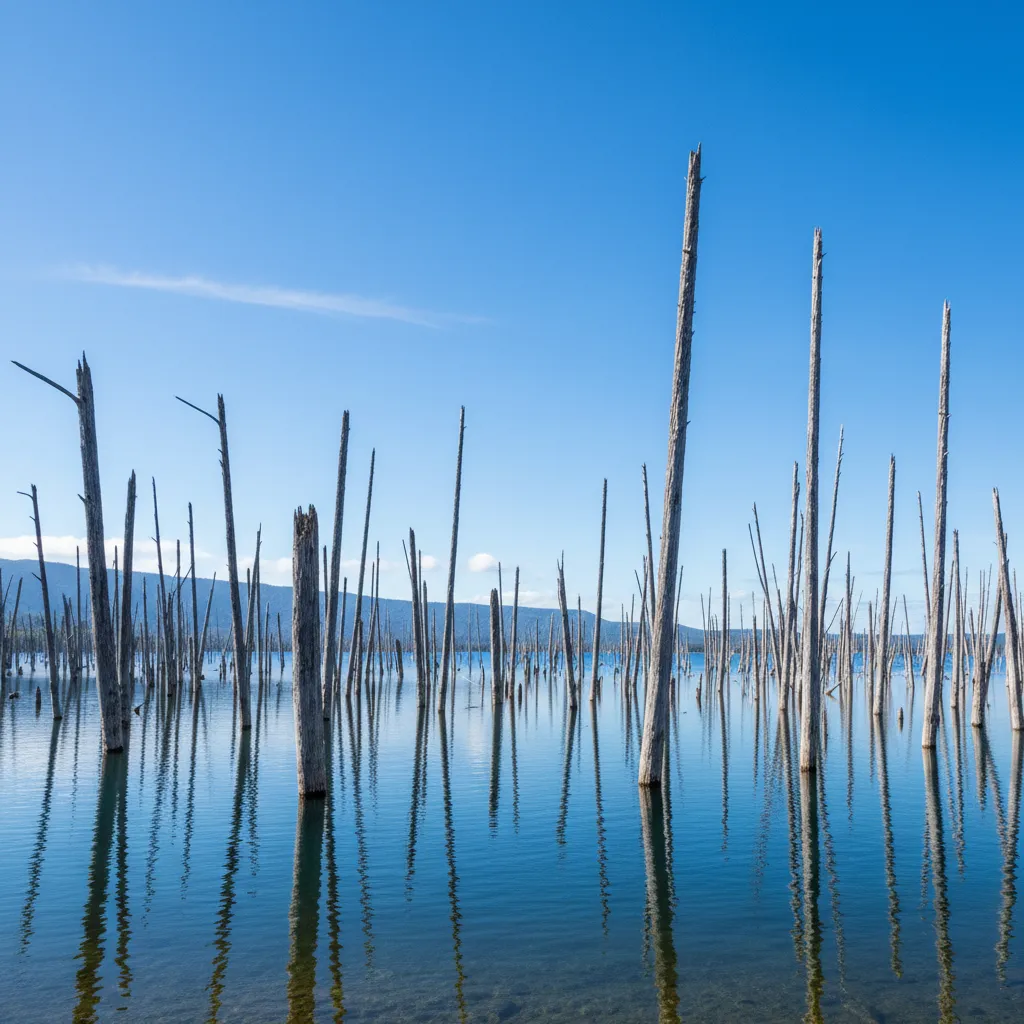 The Drowned Forest skeletal trees in Parc de la Riviere Bleue
