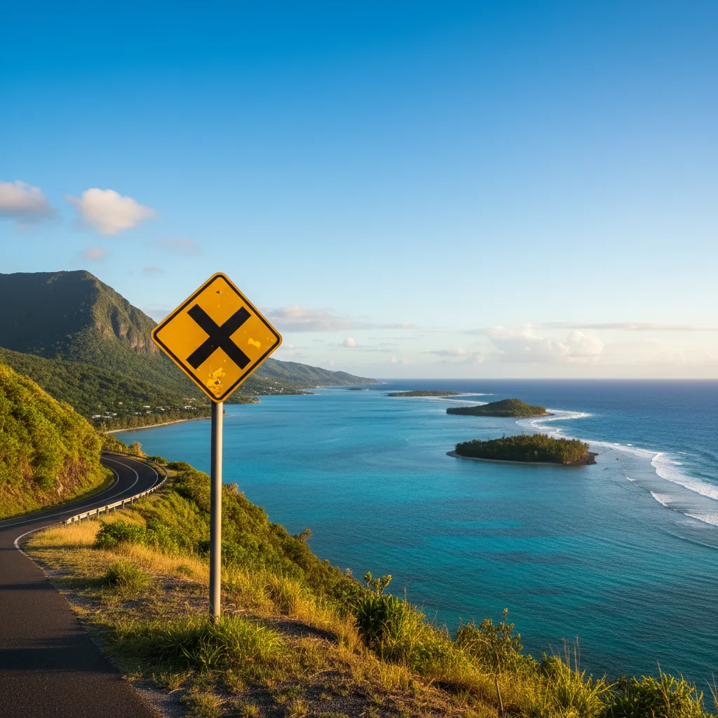 French priority road sign on a New Caledonia coastal highway