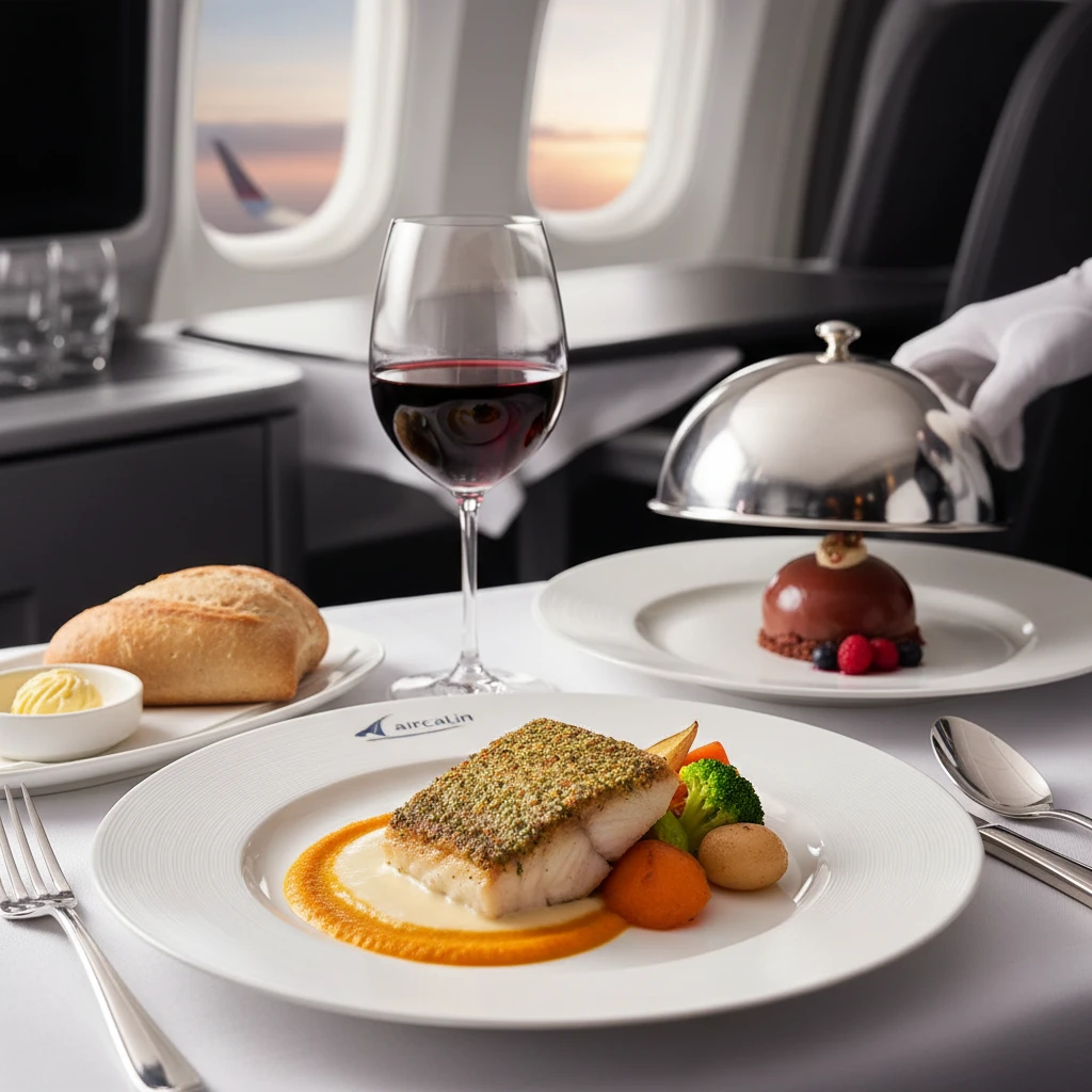 Aircalin Hibiscus Business Class dining experience