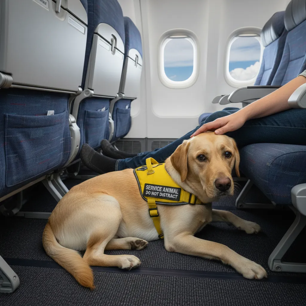 Certified assistance dog sitting in an airplane cabin