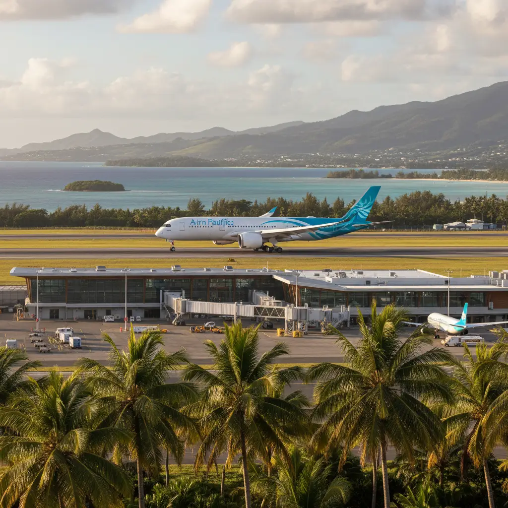 Airplane landing at Noumea Airport New Caledonia