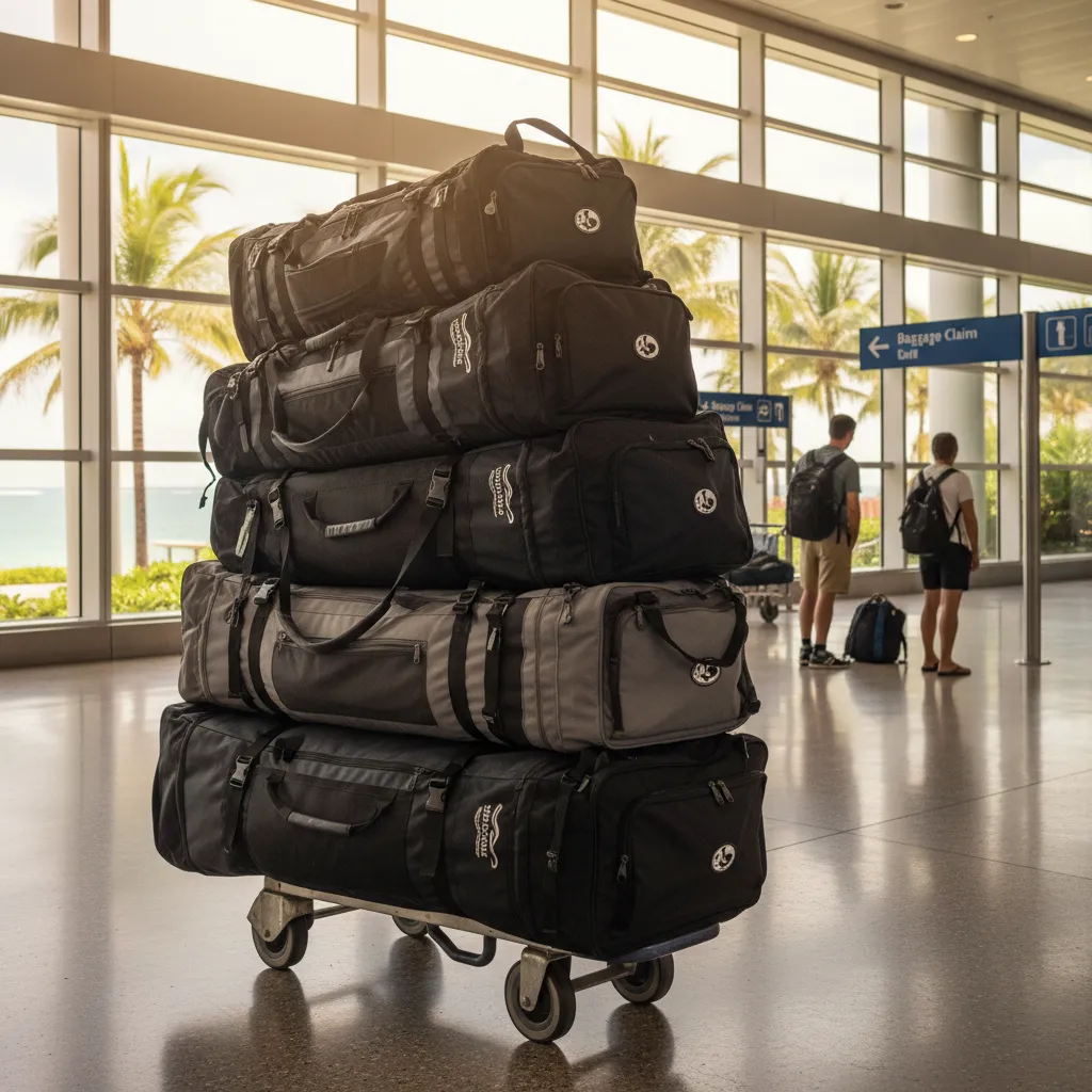 Surfboard bags and sports equipment at New Caledonia airport