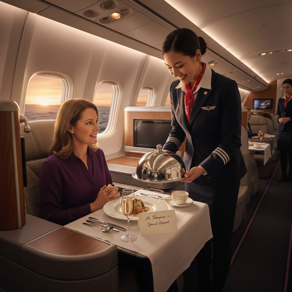 flight attendant serving special dietary meal on NZ flight