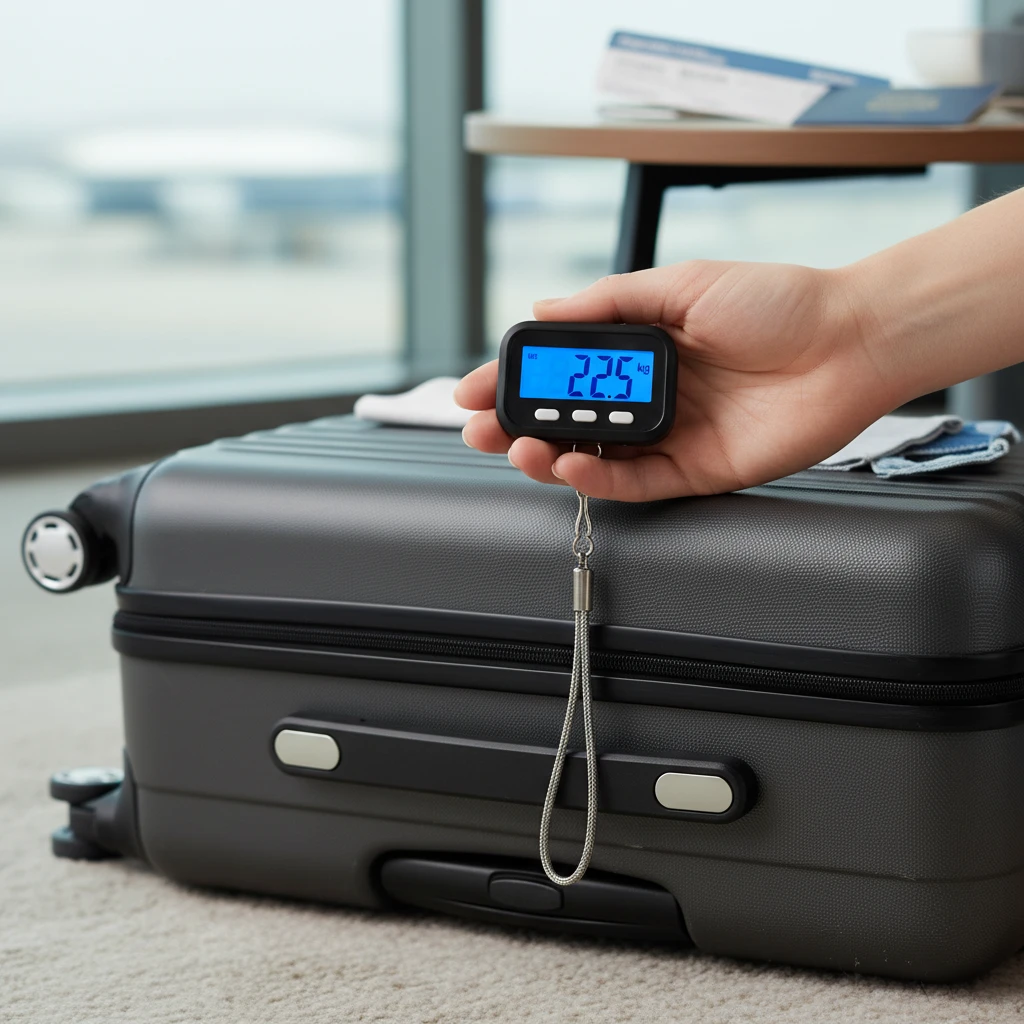 Digital luggage scale weighing a suitcase for travel