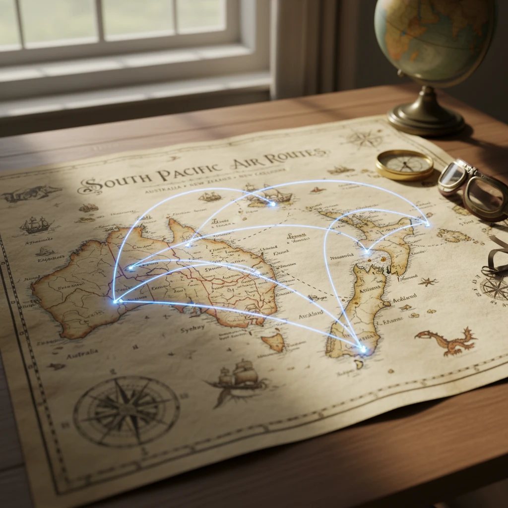 Map of Pacific flight routes to New Caledonia