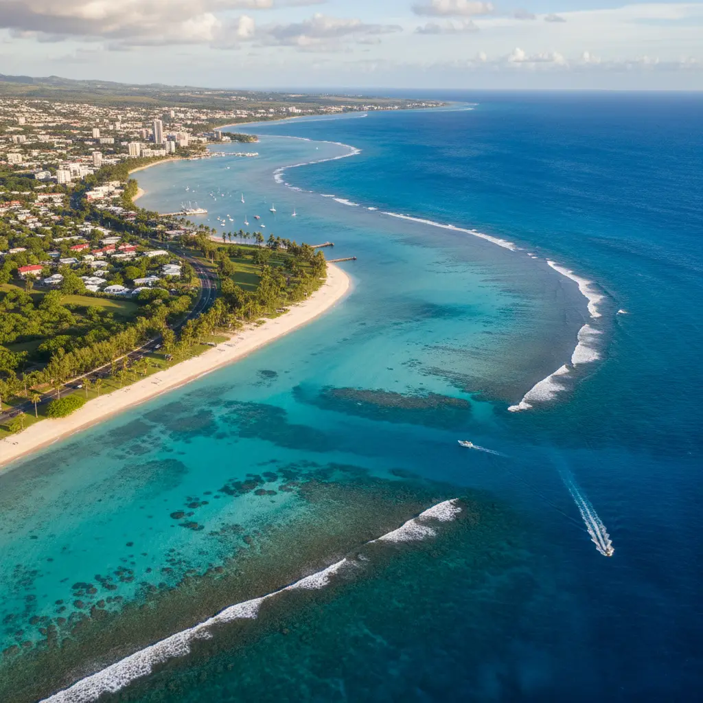 Aerial view of Nouméa New Caledonia coastline and turquoise water